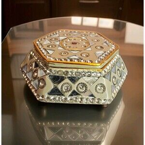 Vintage Hexagon Rhinestone Trinket Jewelry Box Mirror Inlay Boho Decor #741